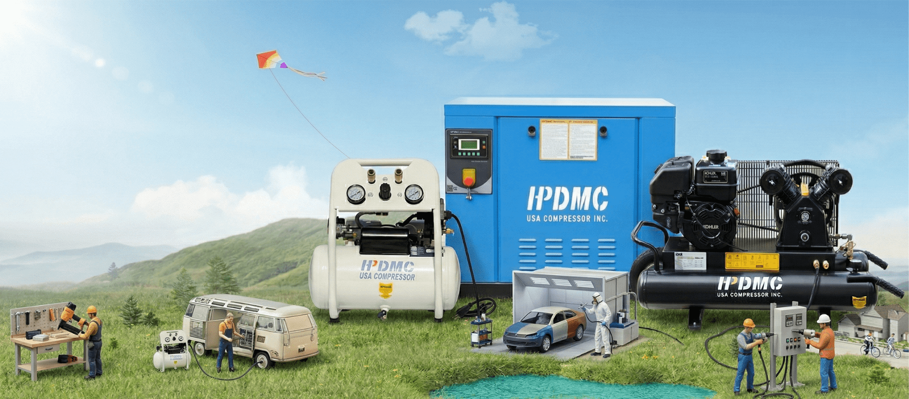 Industrial air compressor unit labeled 'HPDMC' outdoors with machinery.